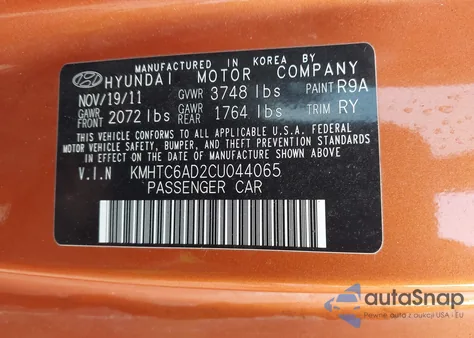 2012 Hyundai Veloster Base W/Black from USA, damaged, VIN KMHTC6AD2CU044065